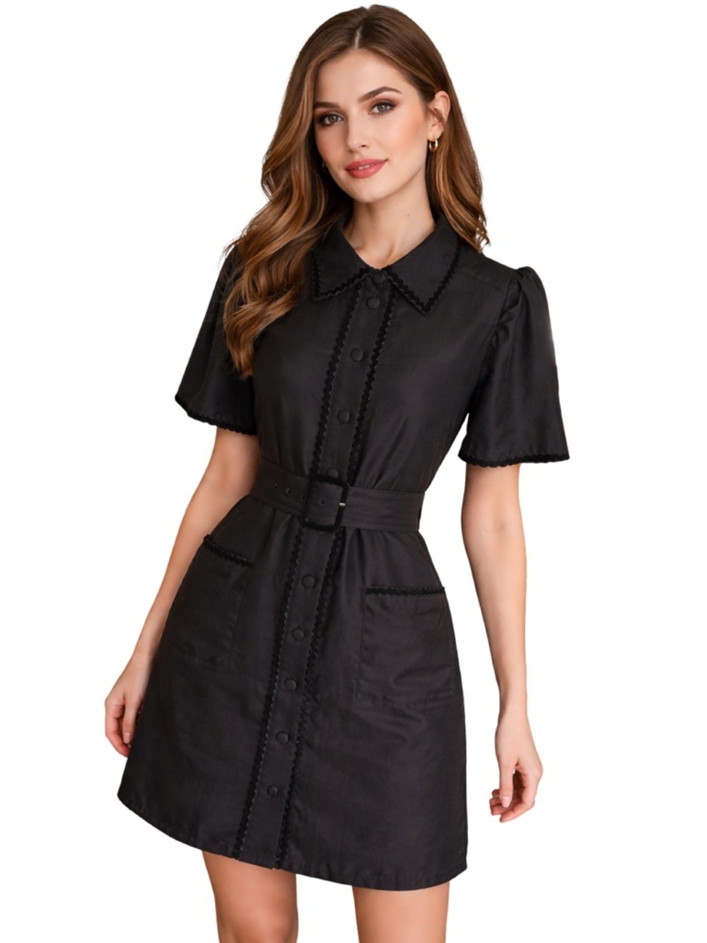 Sail to Sable Ella Belted Black Dress Silk Blend Velvet Trim Size Size Medium